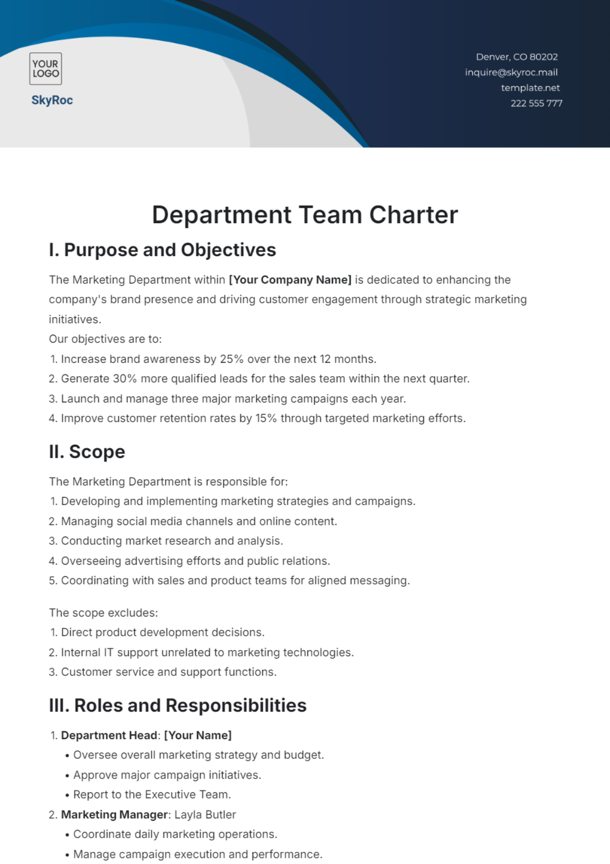 Department Team Charter Template