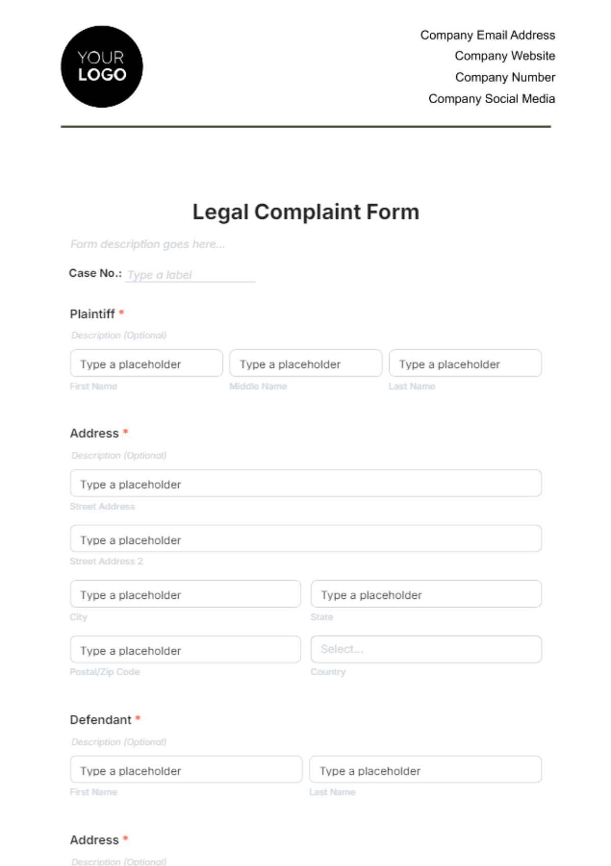 Legal Complaint Form Template