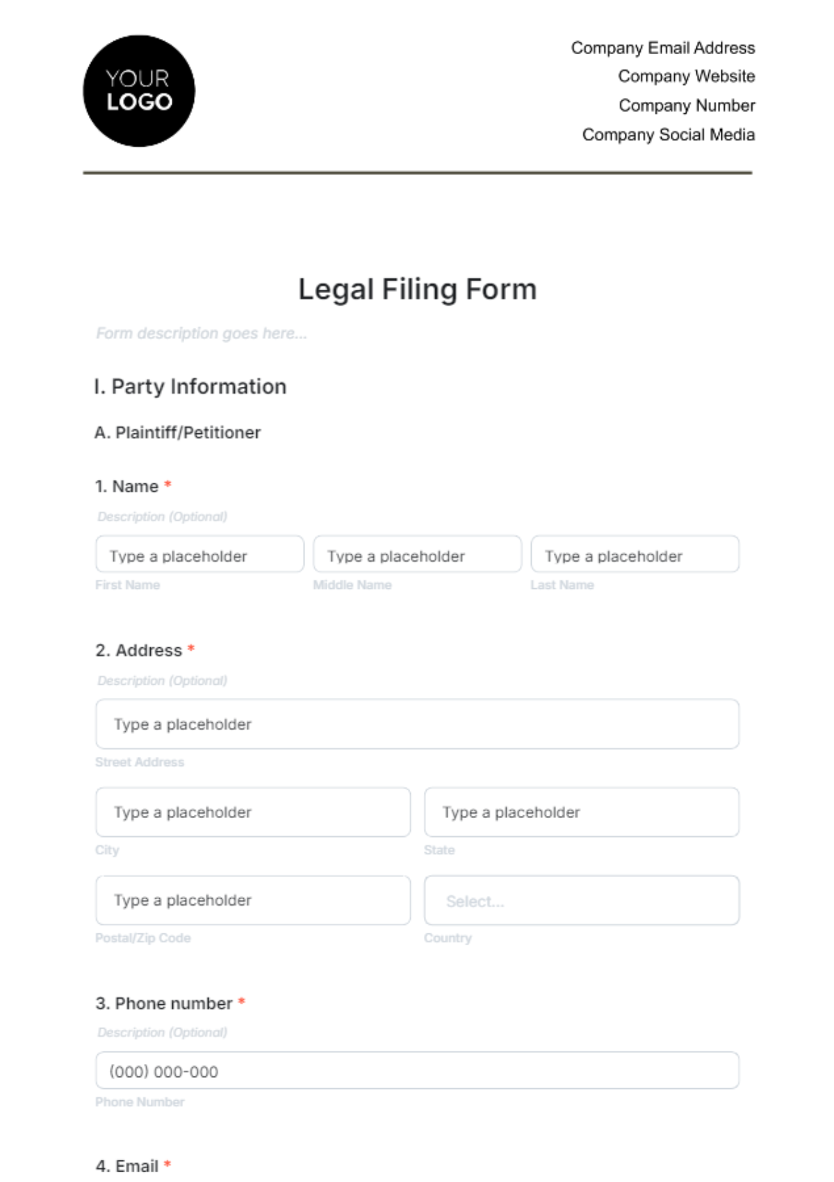 Legal Filing Form Template