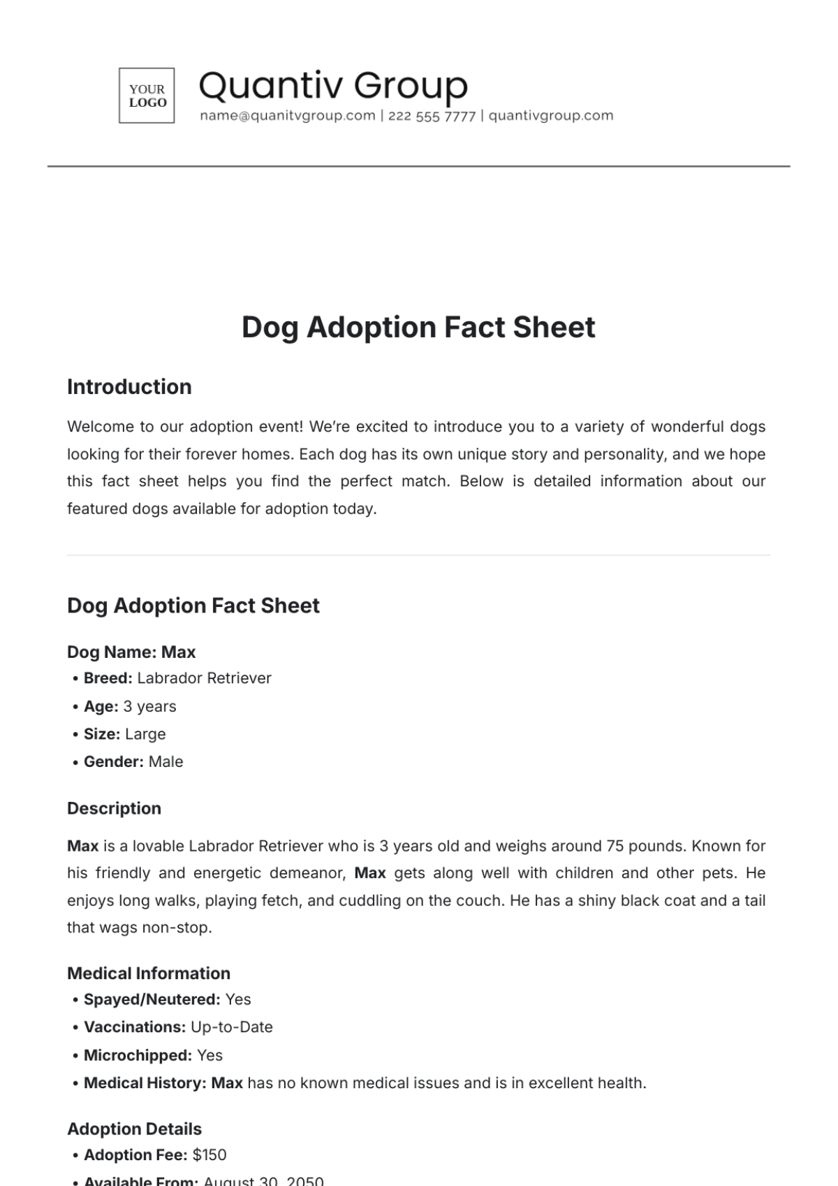 Dog Adoption Fact Sheet Template