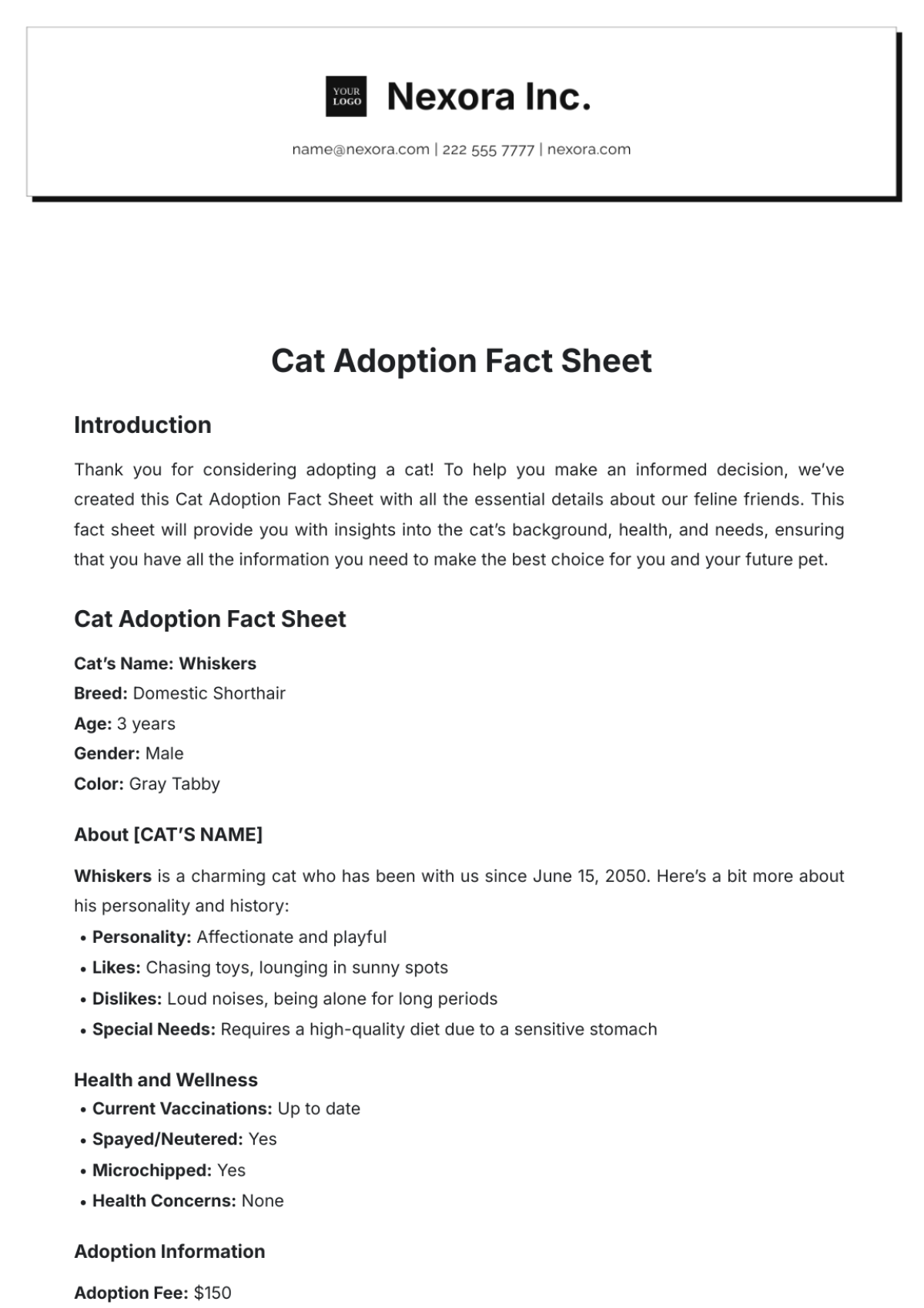 Cat Adoption Fact Sheet Template