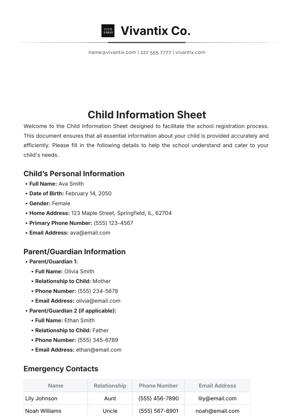 Child Information Sheet Template