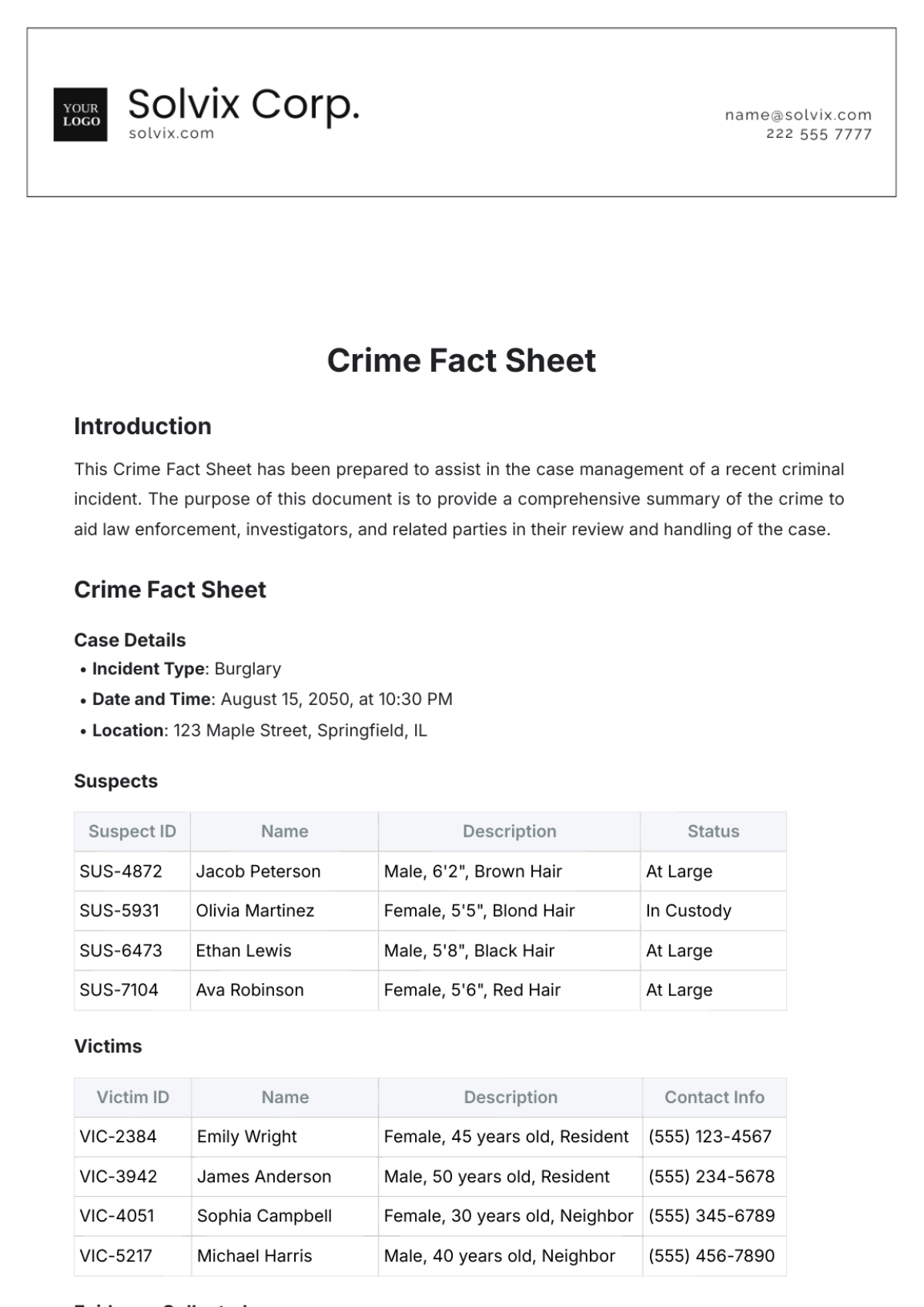 Sample Crime Fact Sheet Template