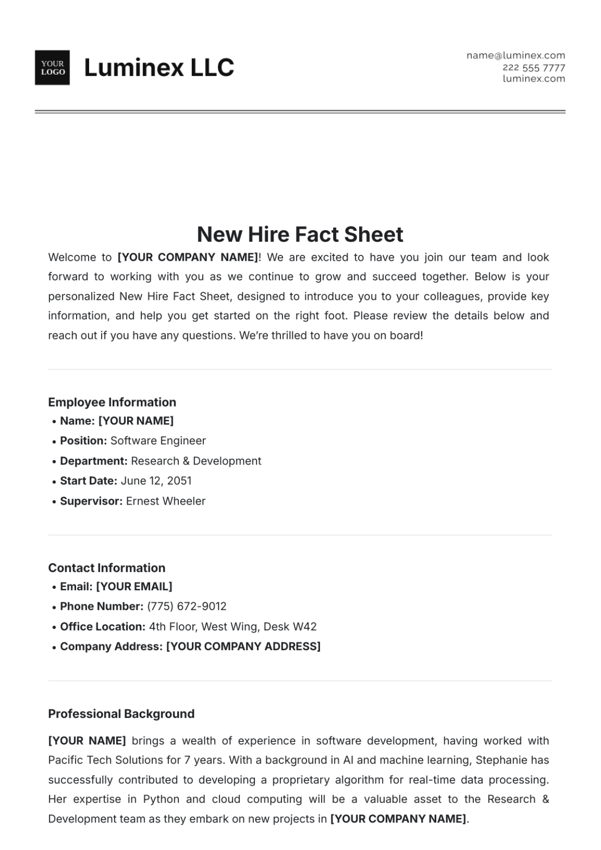 New Hire Fact Sheet Template