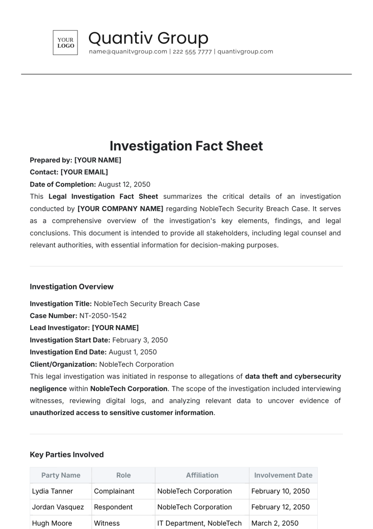 Investigation Fact Sheet Template