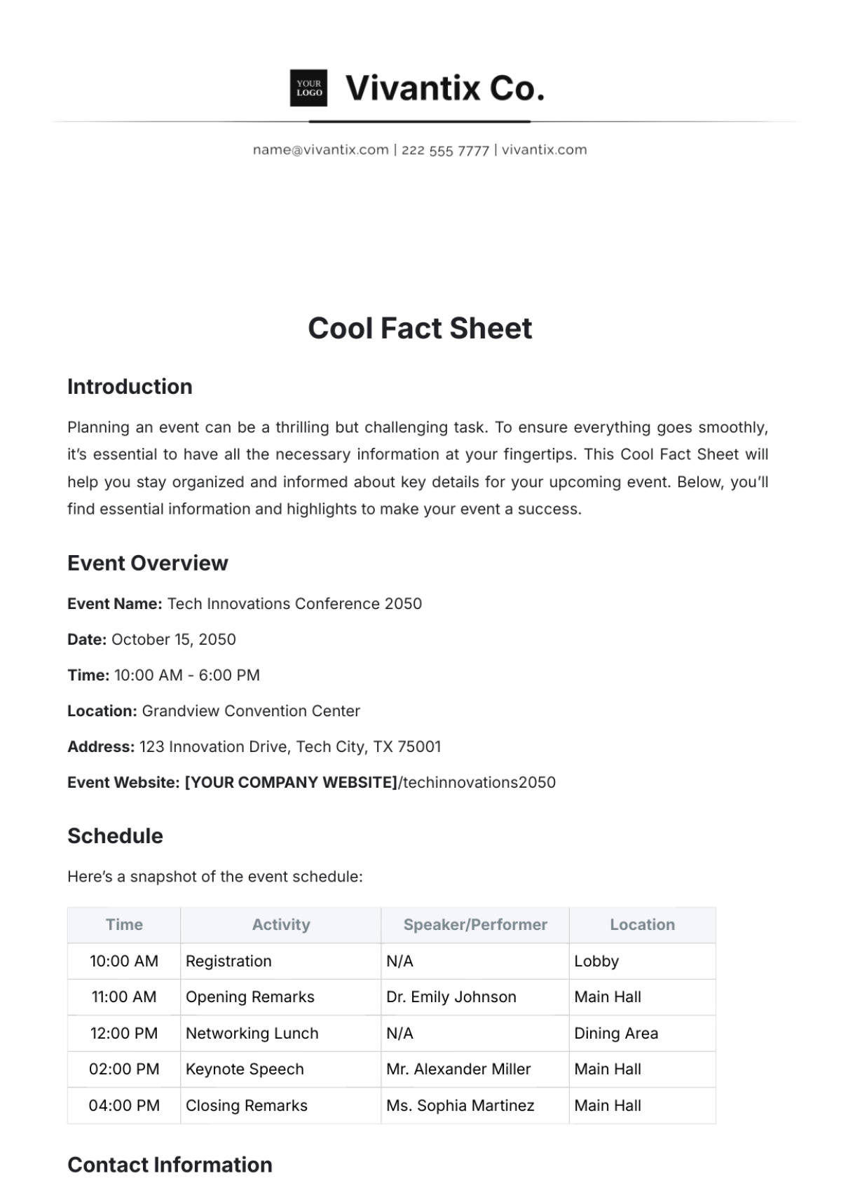 Cool Fact Sheet Template