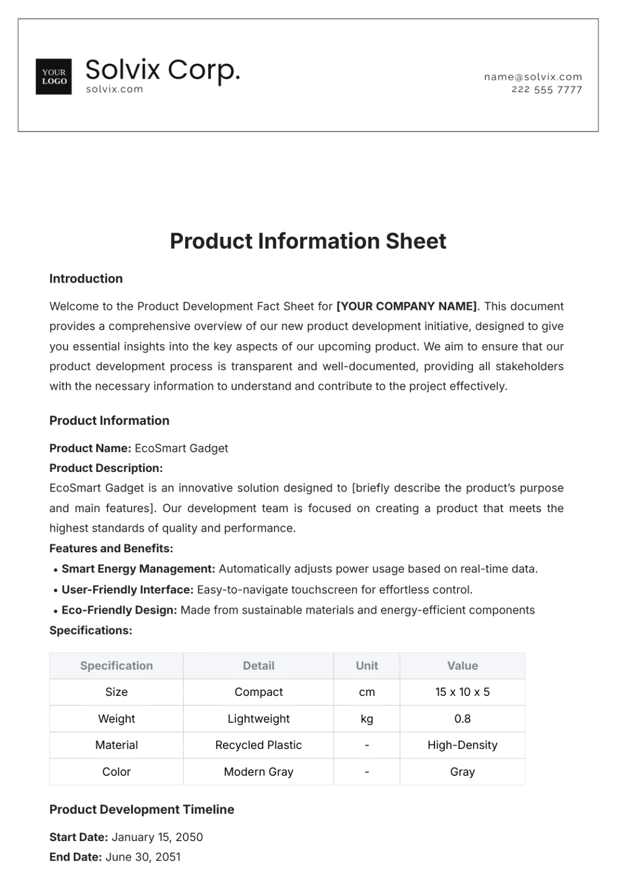 Product Information Sheet Template