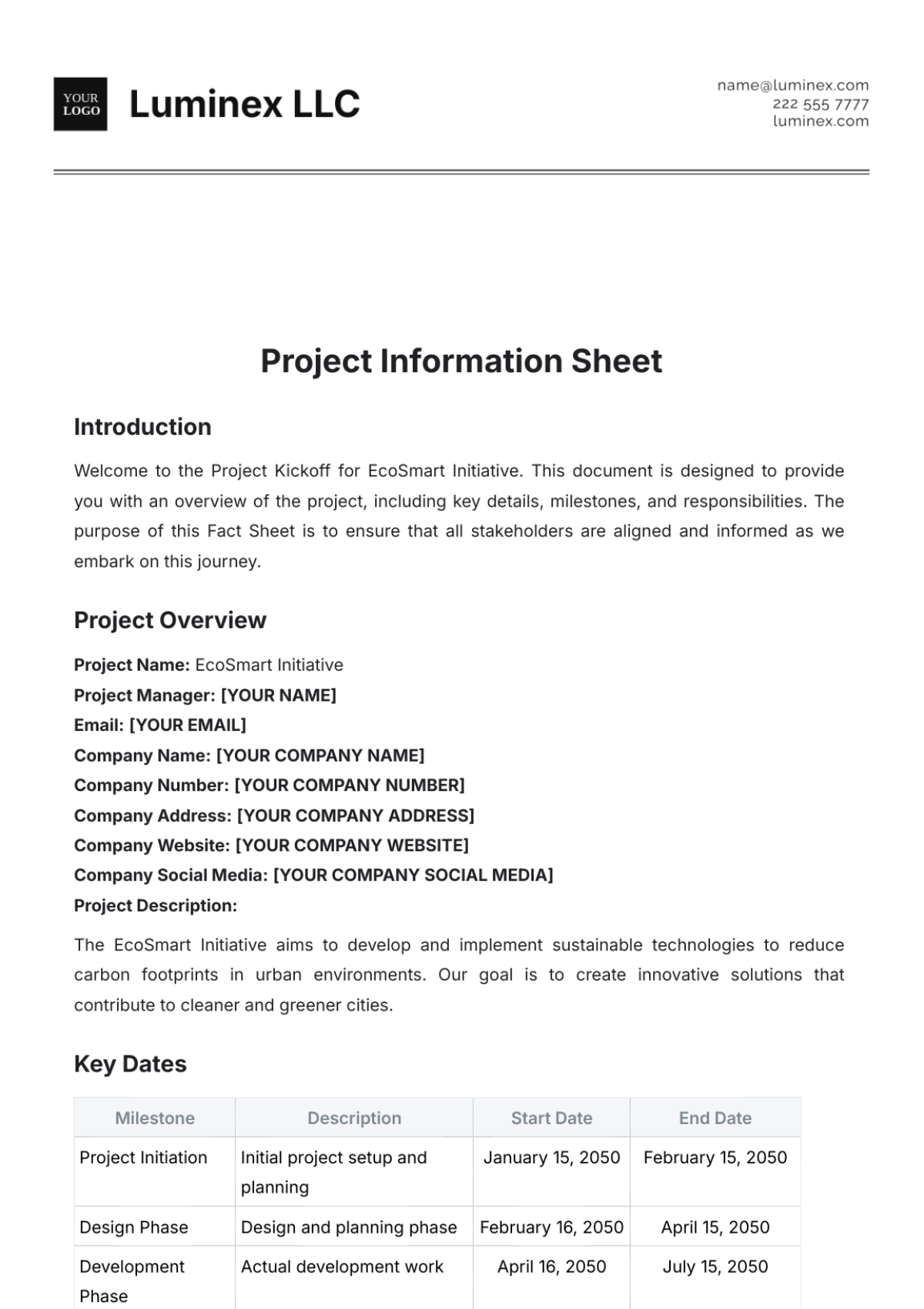 Project Information Sheet Template