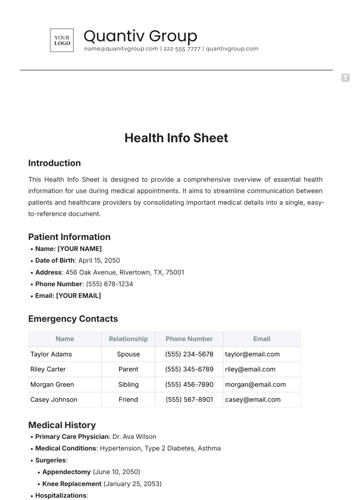 Health Info Sheet Template