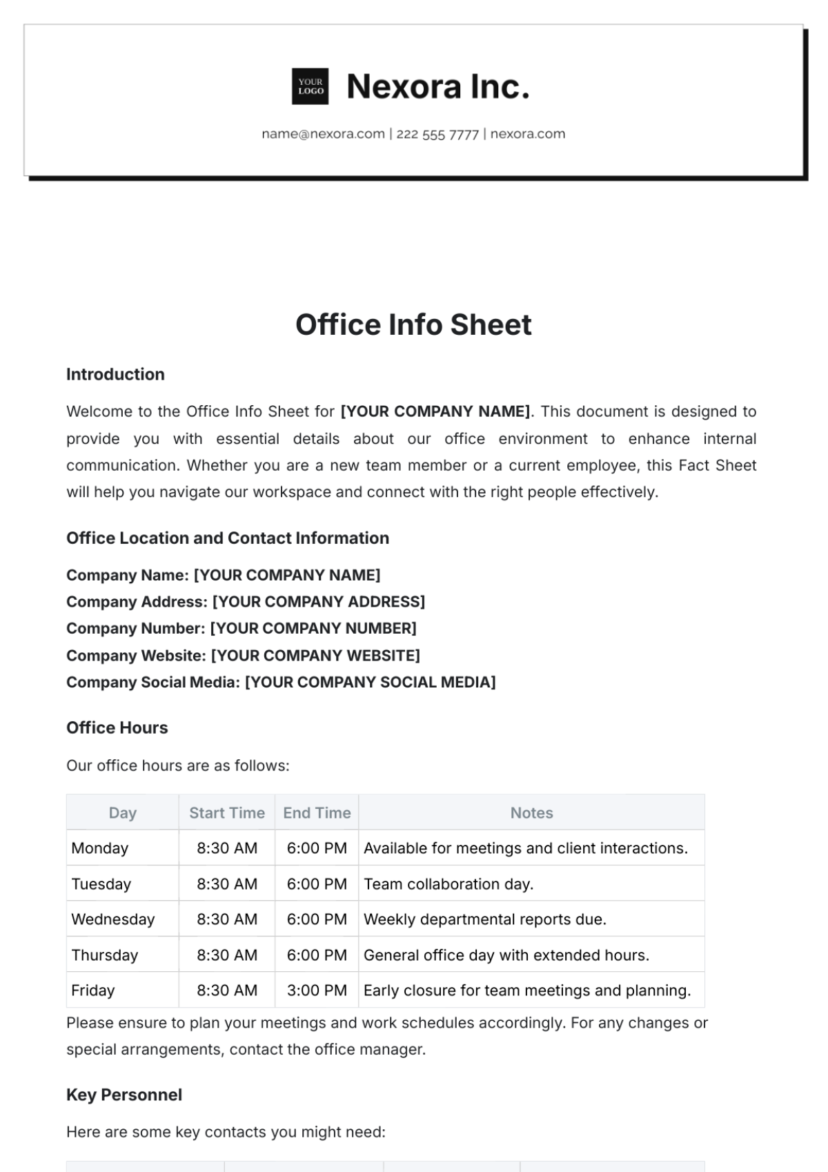 Office Info Sheet Template