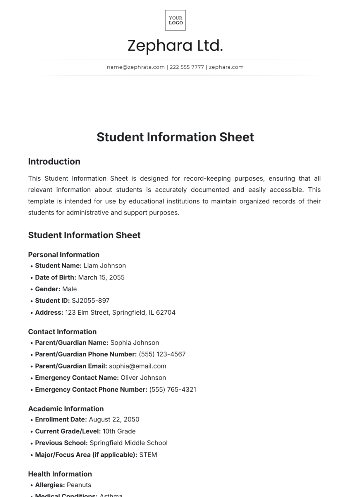 Student Information Sheet Template