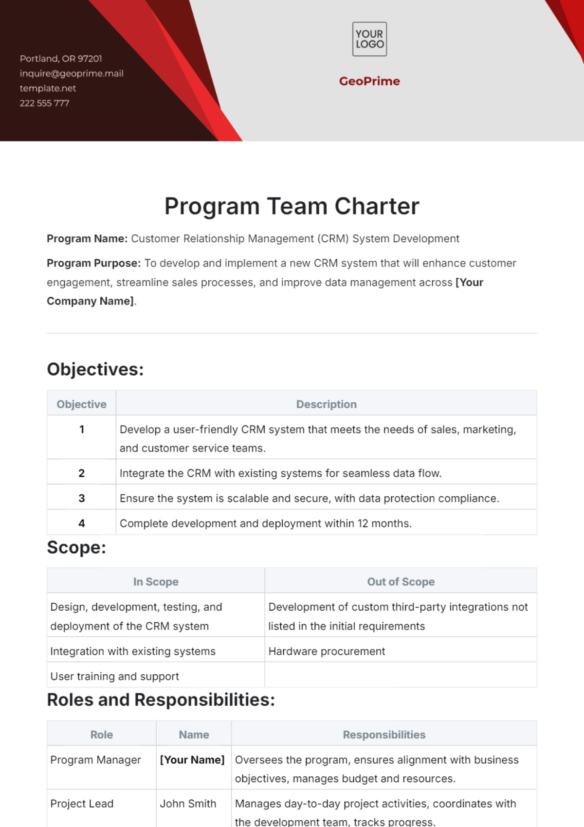 Program Team Charter Template