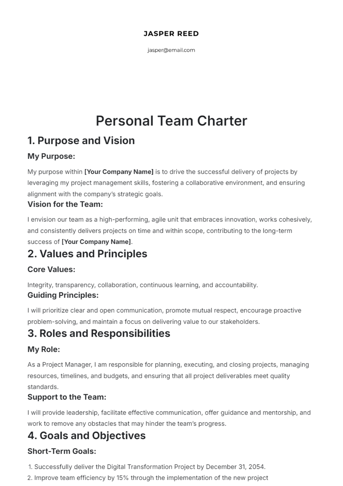 Personal Team Charter Template