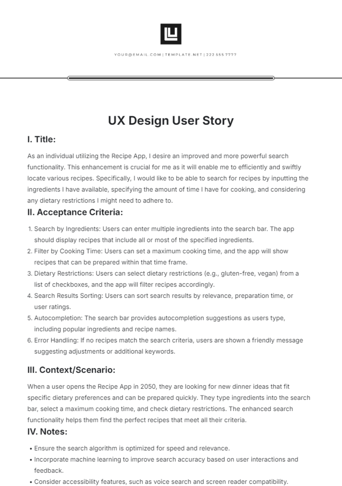 UX Design User Story Template - Edit Online & Download