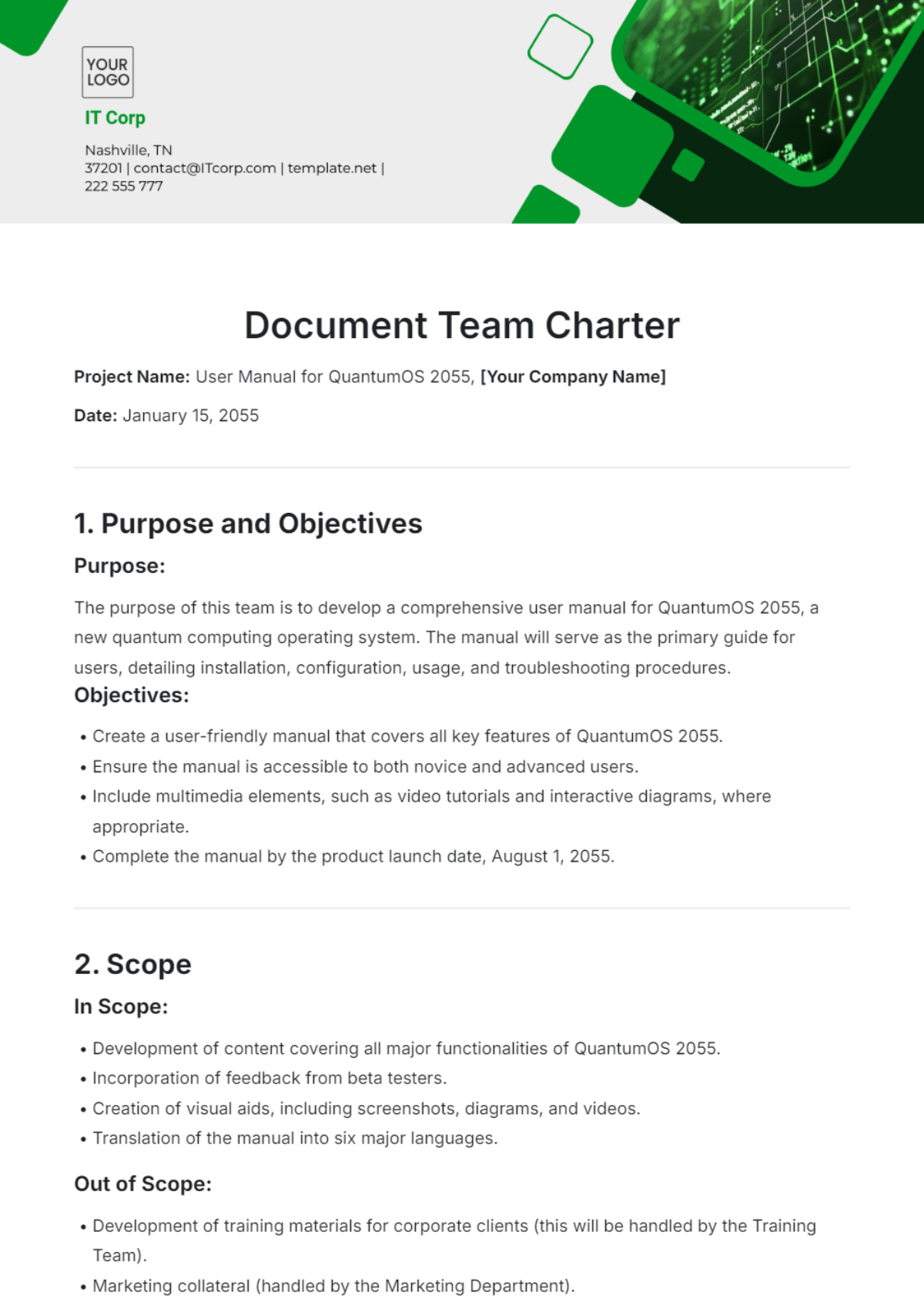 Document Team Charter Template