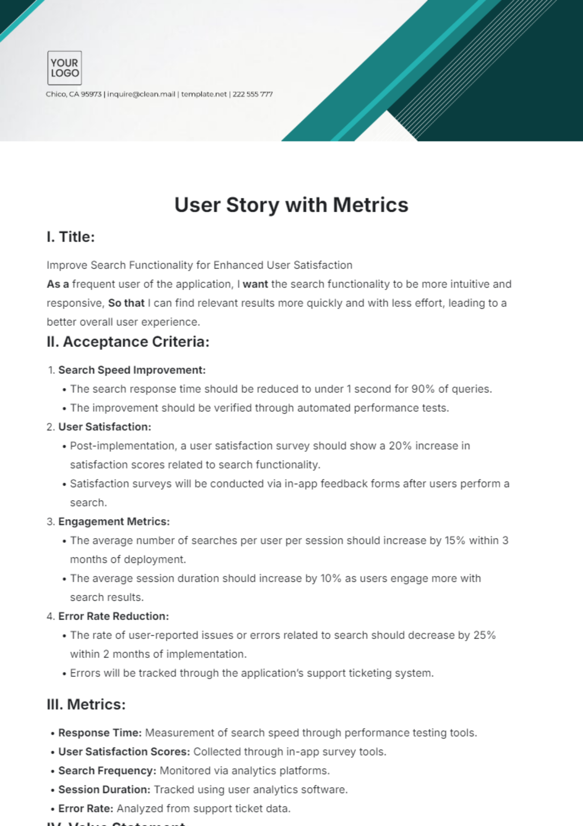 User Story with Metrics Template - Edit Online & Download