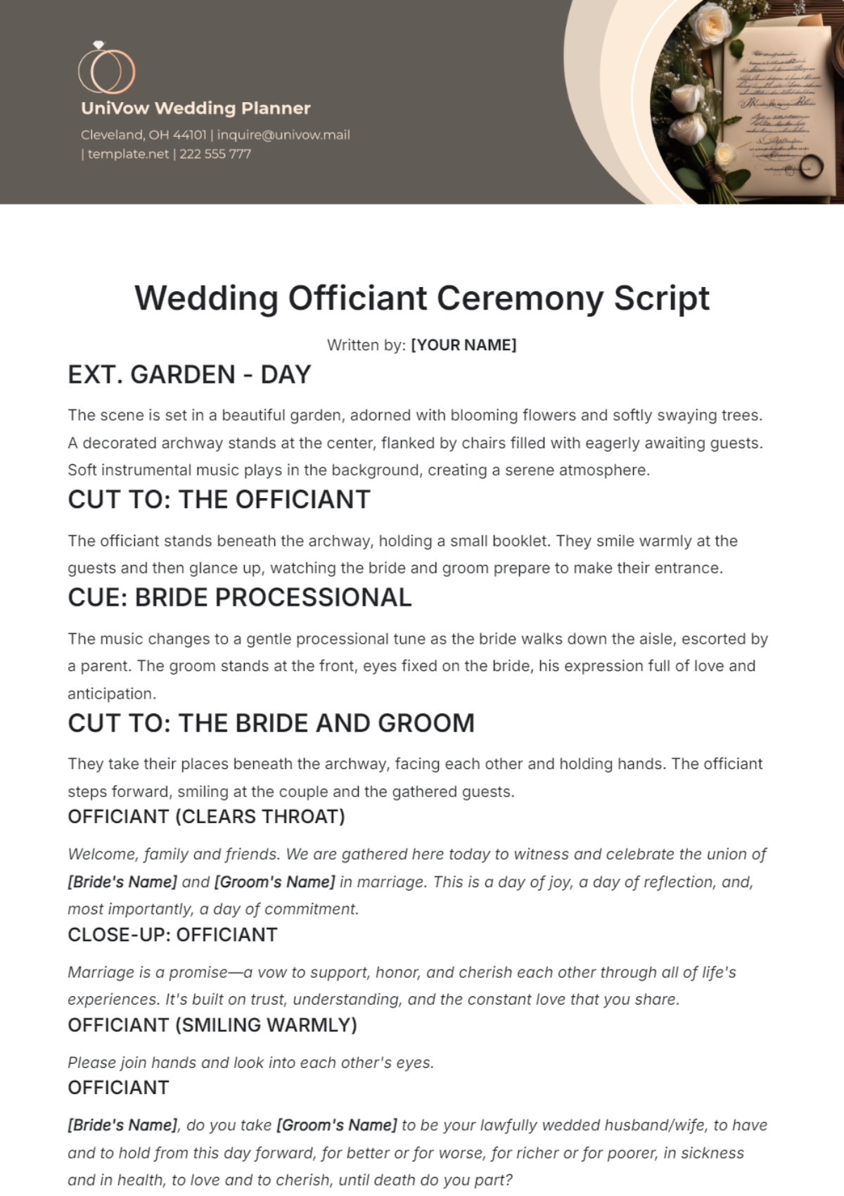 Free Wedding Officiant Ceremony Script Template to Edit Online