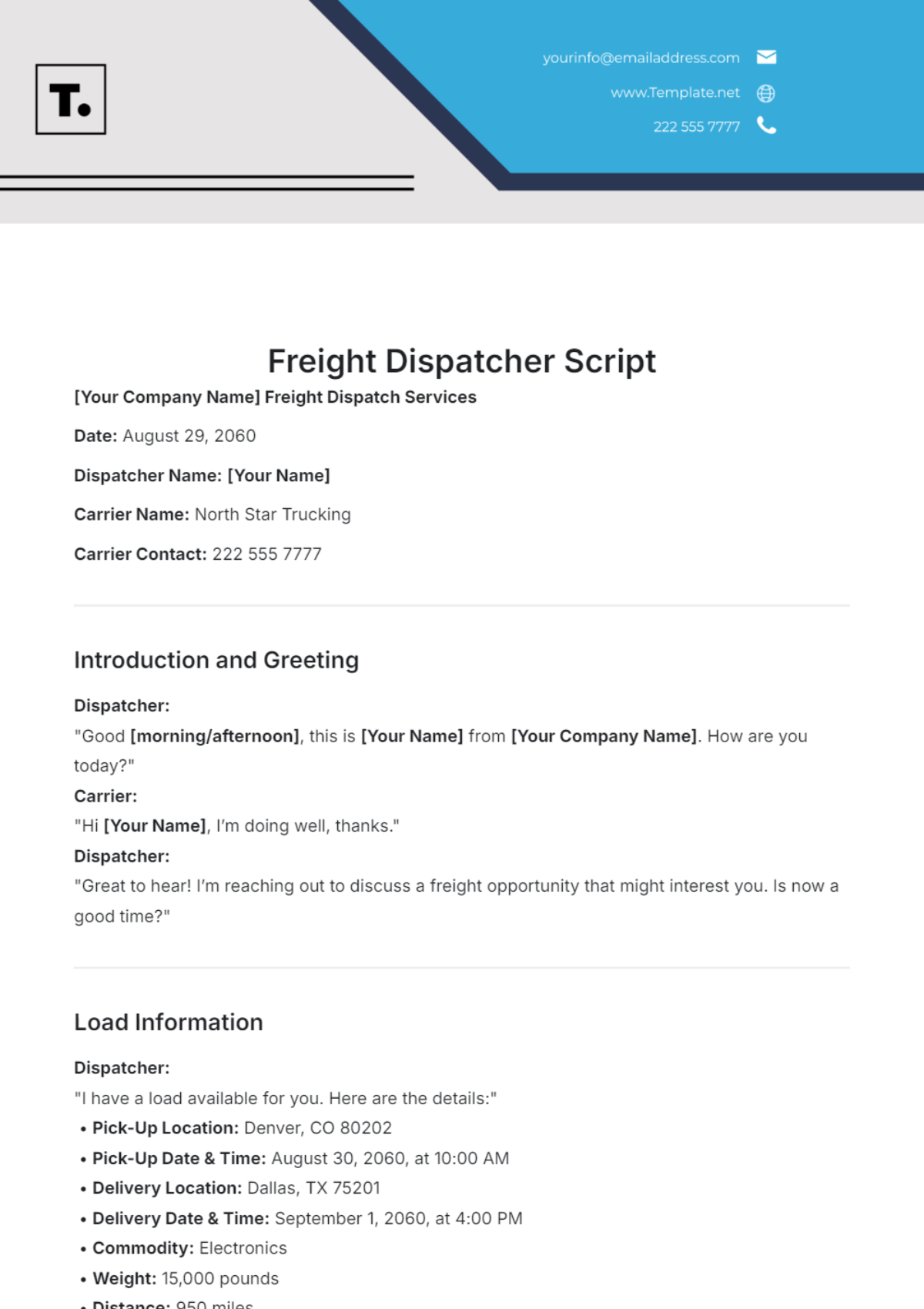 Freight Dispatcher Script Template - Edit Online & Download