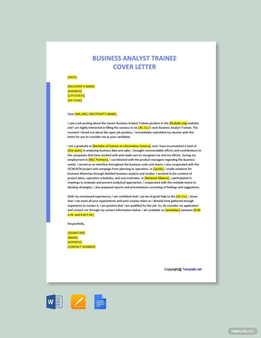Free Business Analyst Trainee Cover Letter Template