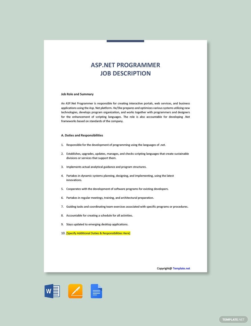ASP.Net Programmer Job Description Template