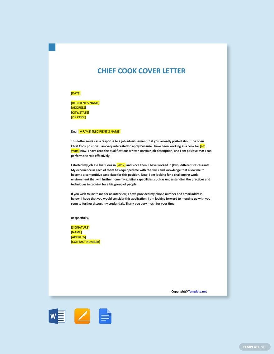 Chief Cook Cover Letter