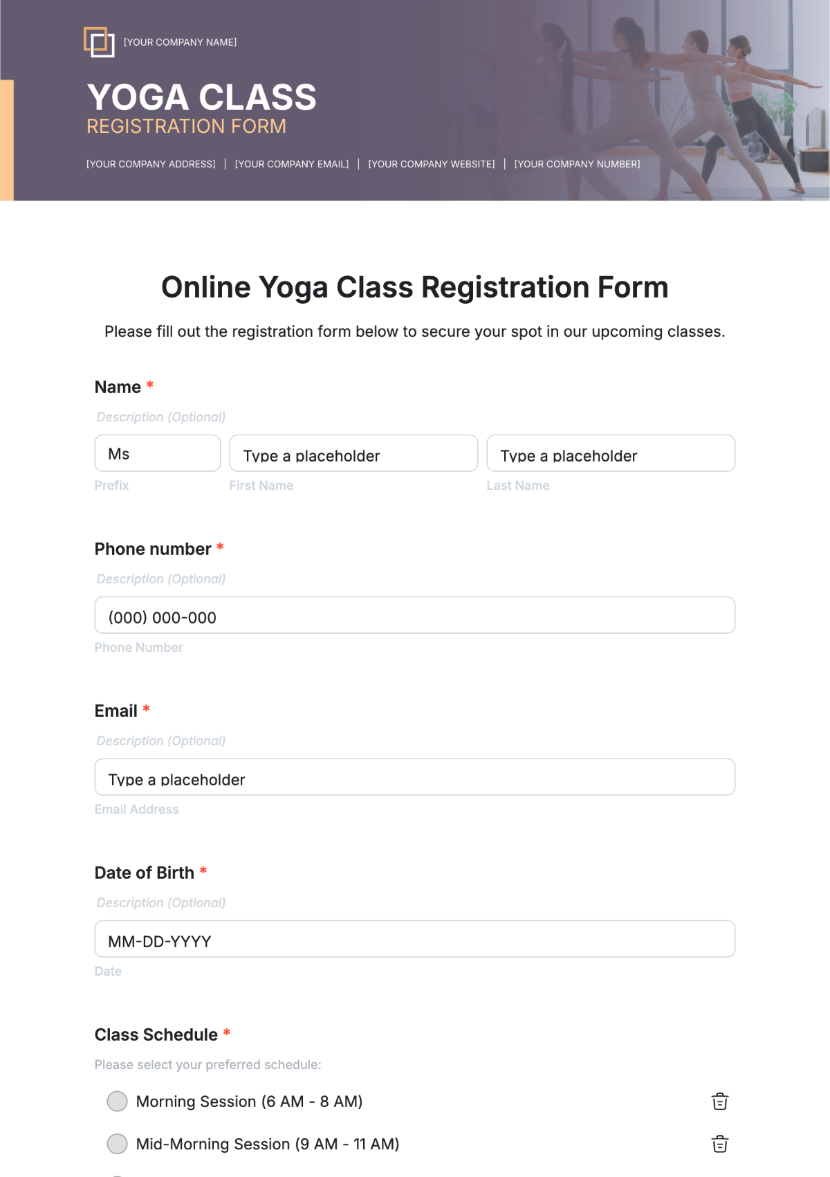 Online Yoga Class Registration Form Template - Edit Online & Download