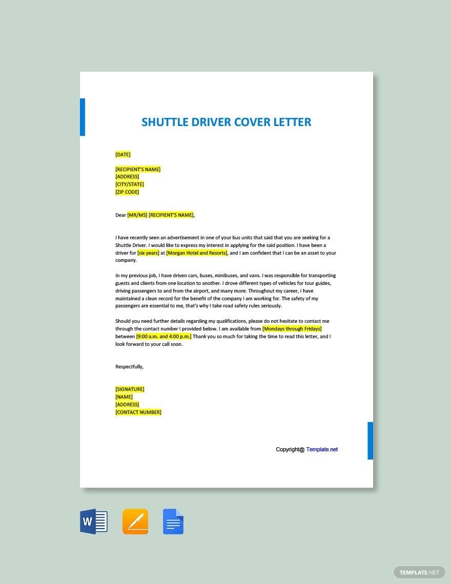 Shuttle Driver Cover Letter in Word, Google Docs, PDF, Apple Pages