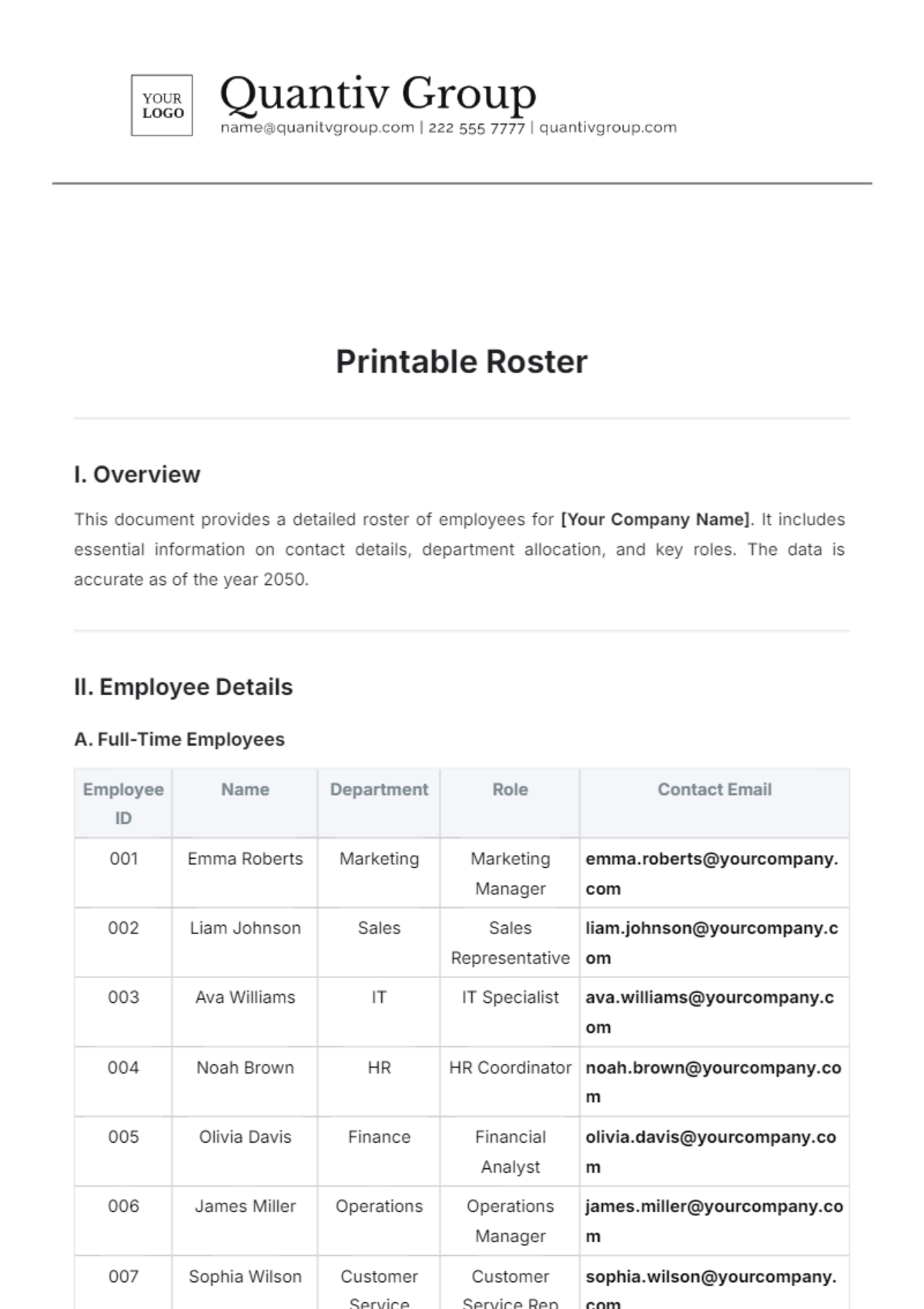 Printable Roster Template