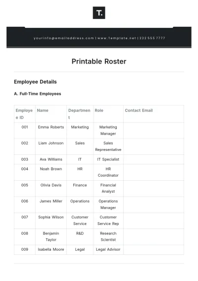Free Printable Roster Template to Edit Online | Template.net to Edit Online
