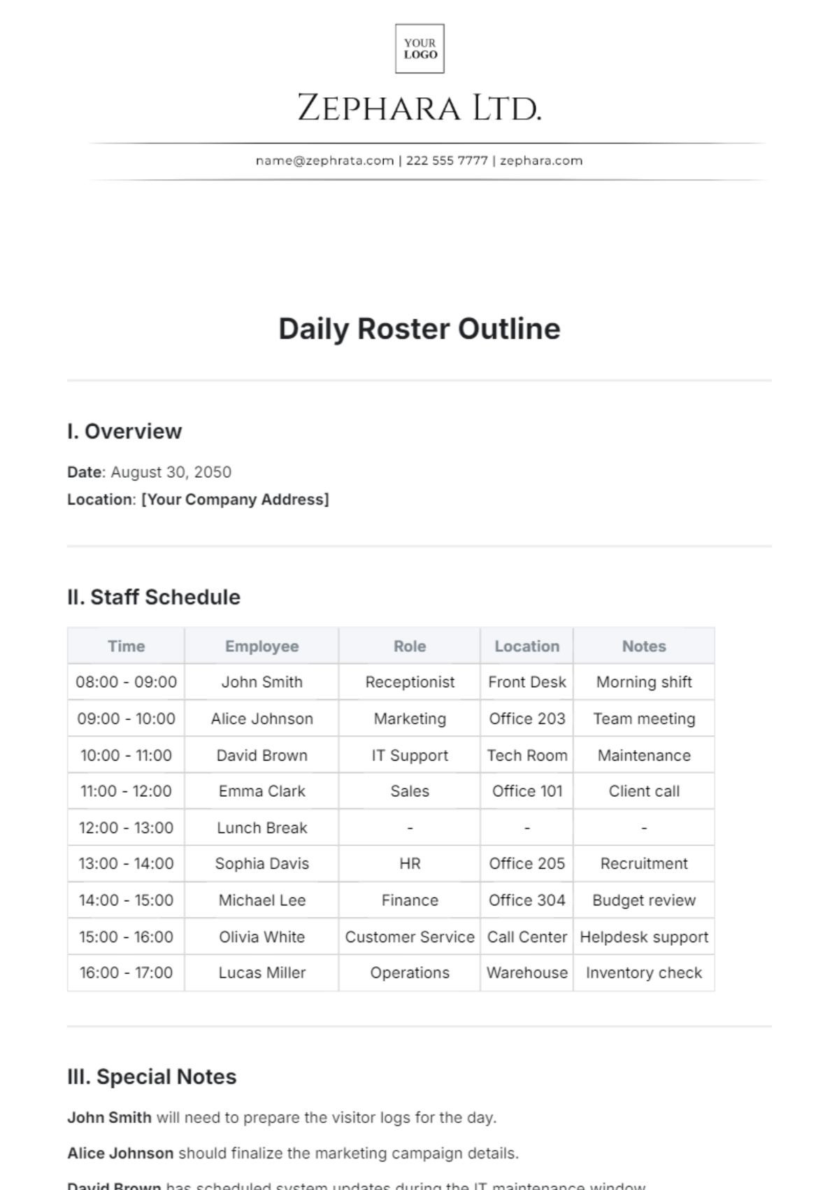 Daily Roster Outline Template