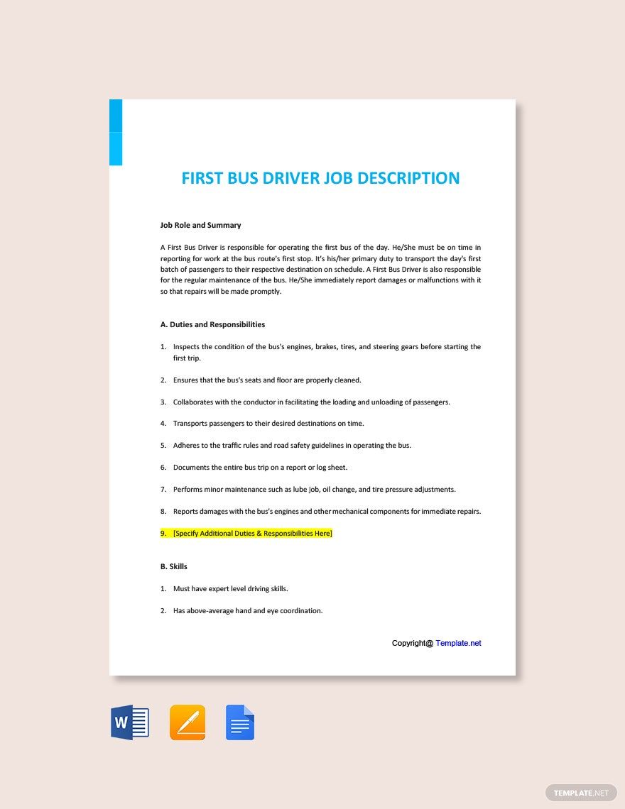 FREE Bus Driver Job Description PDF Template Download Template