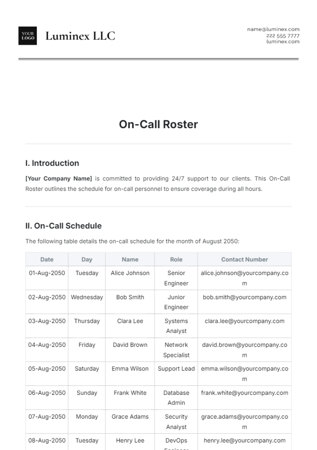 On-Call Roster Template