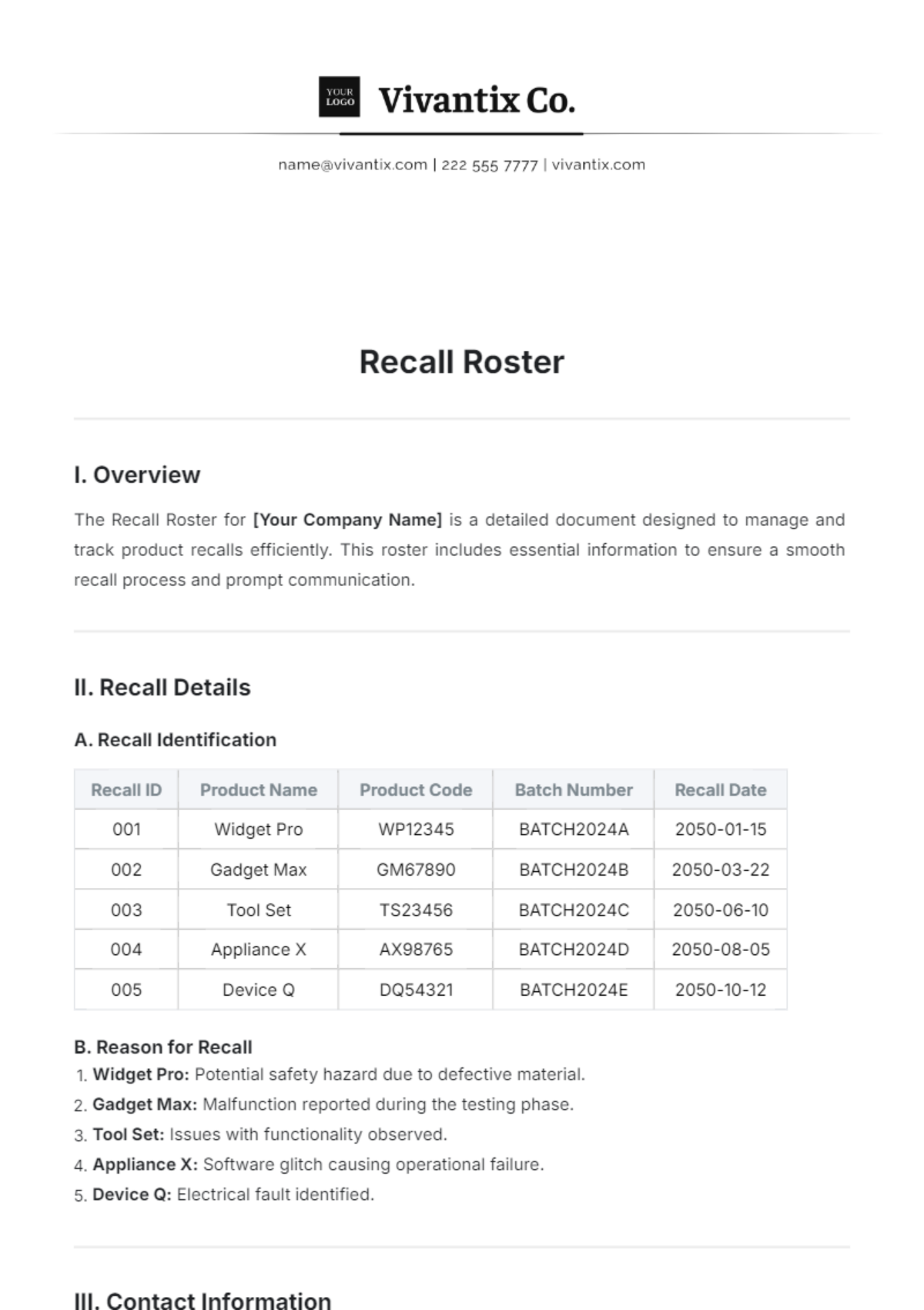 Recall Roster Template