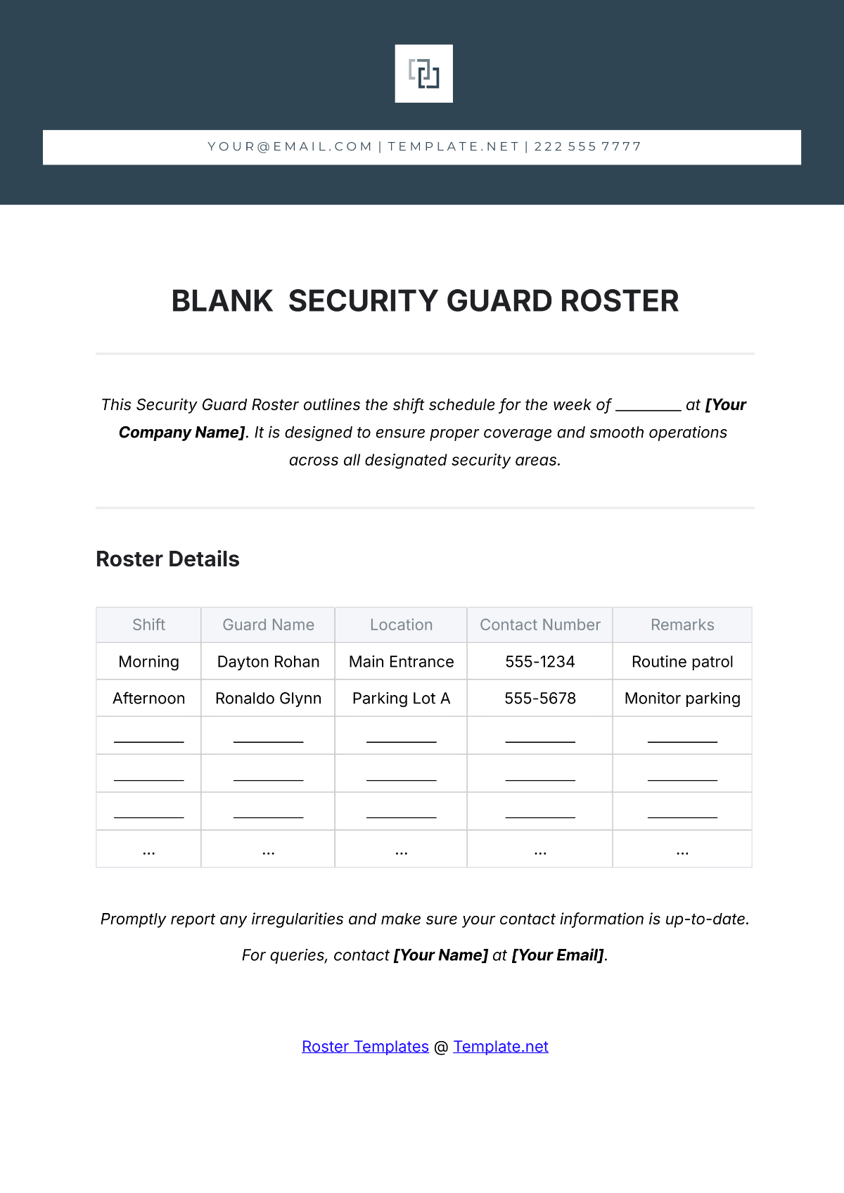 Blank Security Guard Roster Template - Edit Online & Download