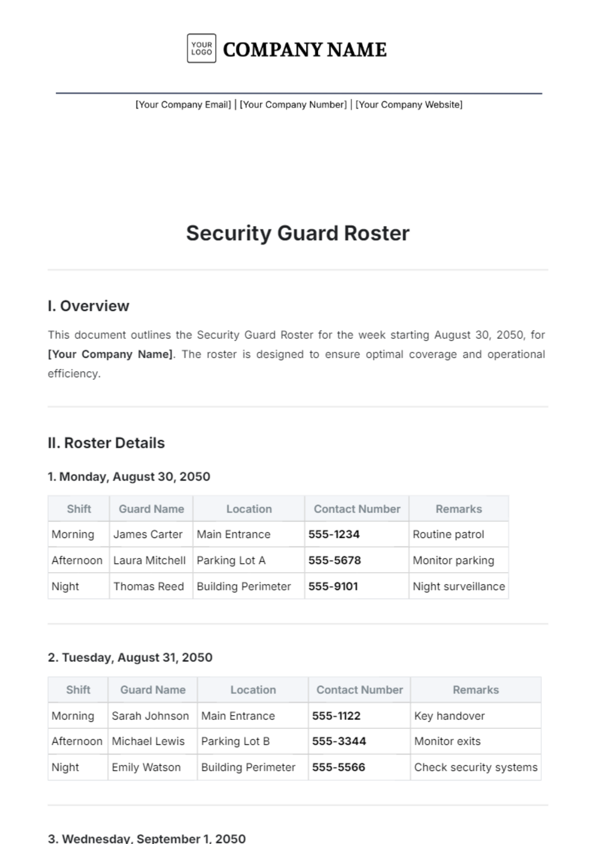 Security Guard Roster Template