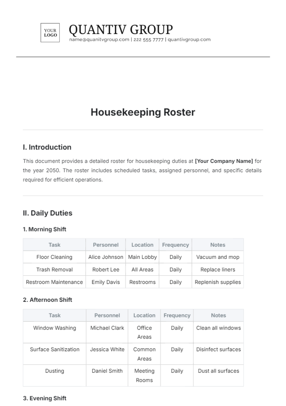 Housekeeping Roster Template