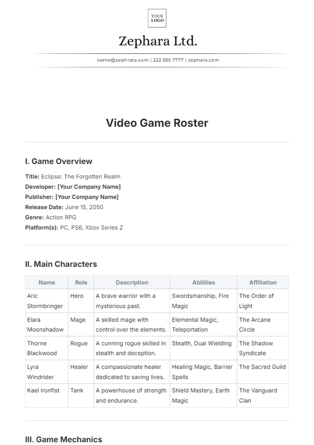 Video Game Roster Template