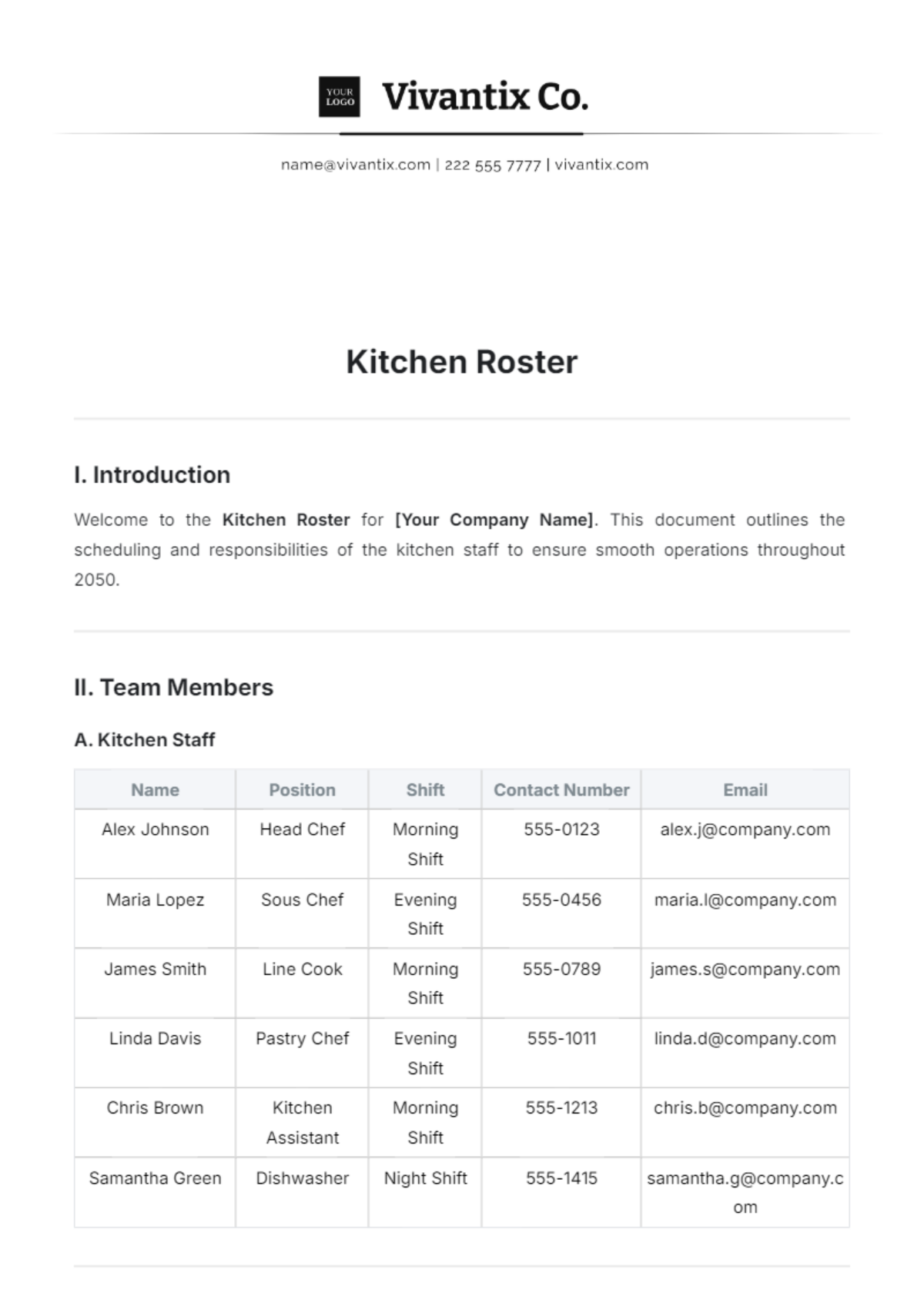 Kitchen Roster Template