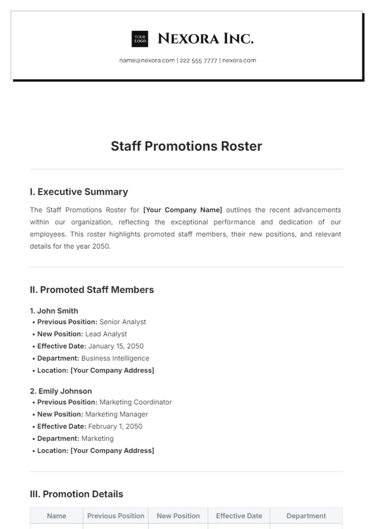 Staff Promotions Roster Template