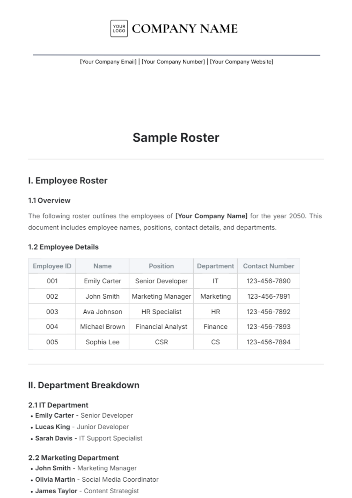 Sample Roster Template