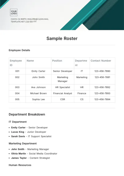 Free Sample Roster Template to Edit Online