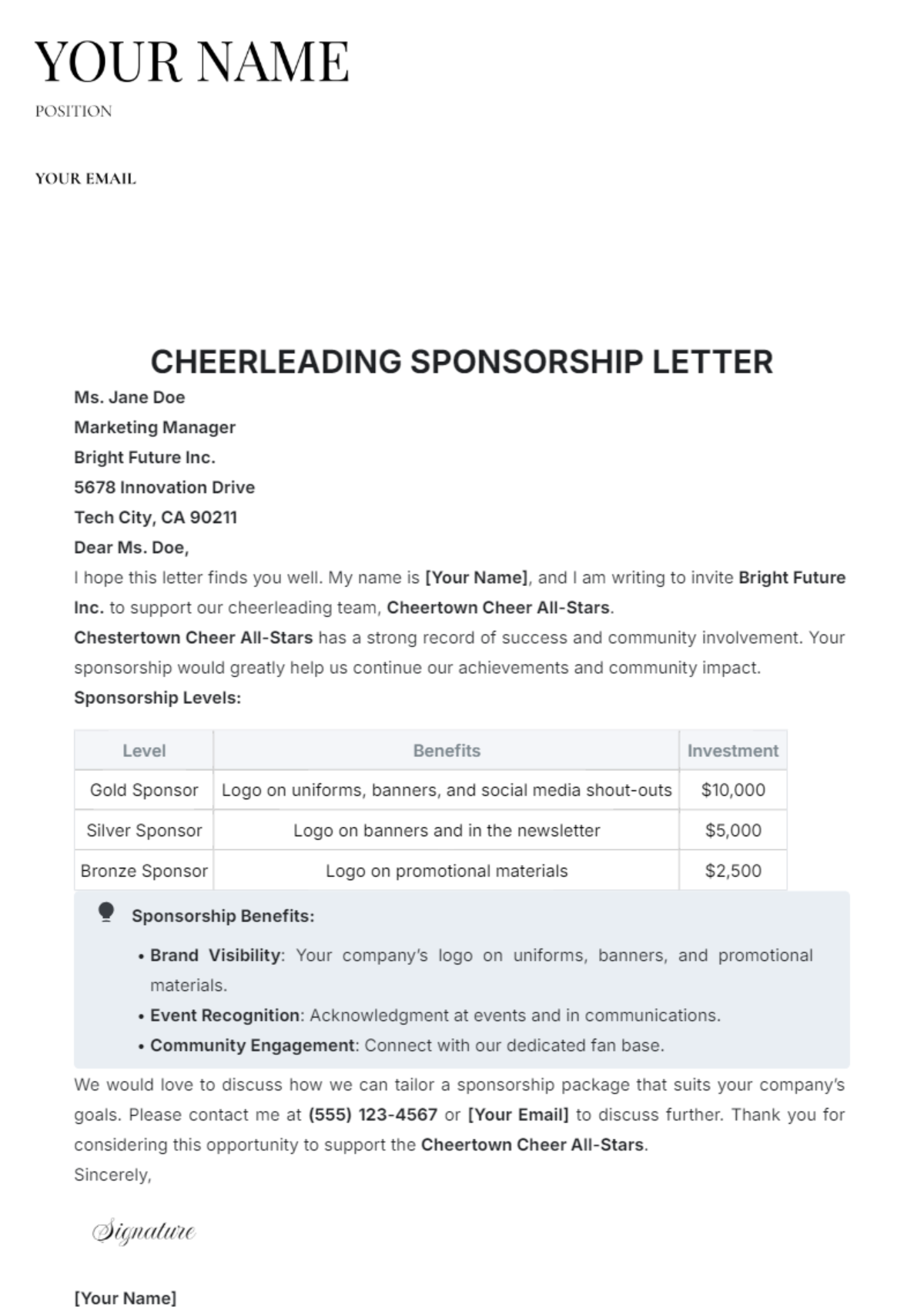 Cheerleading Sponsorship Letter Template