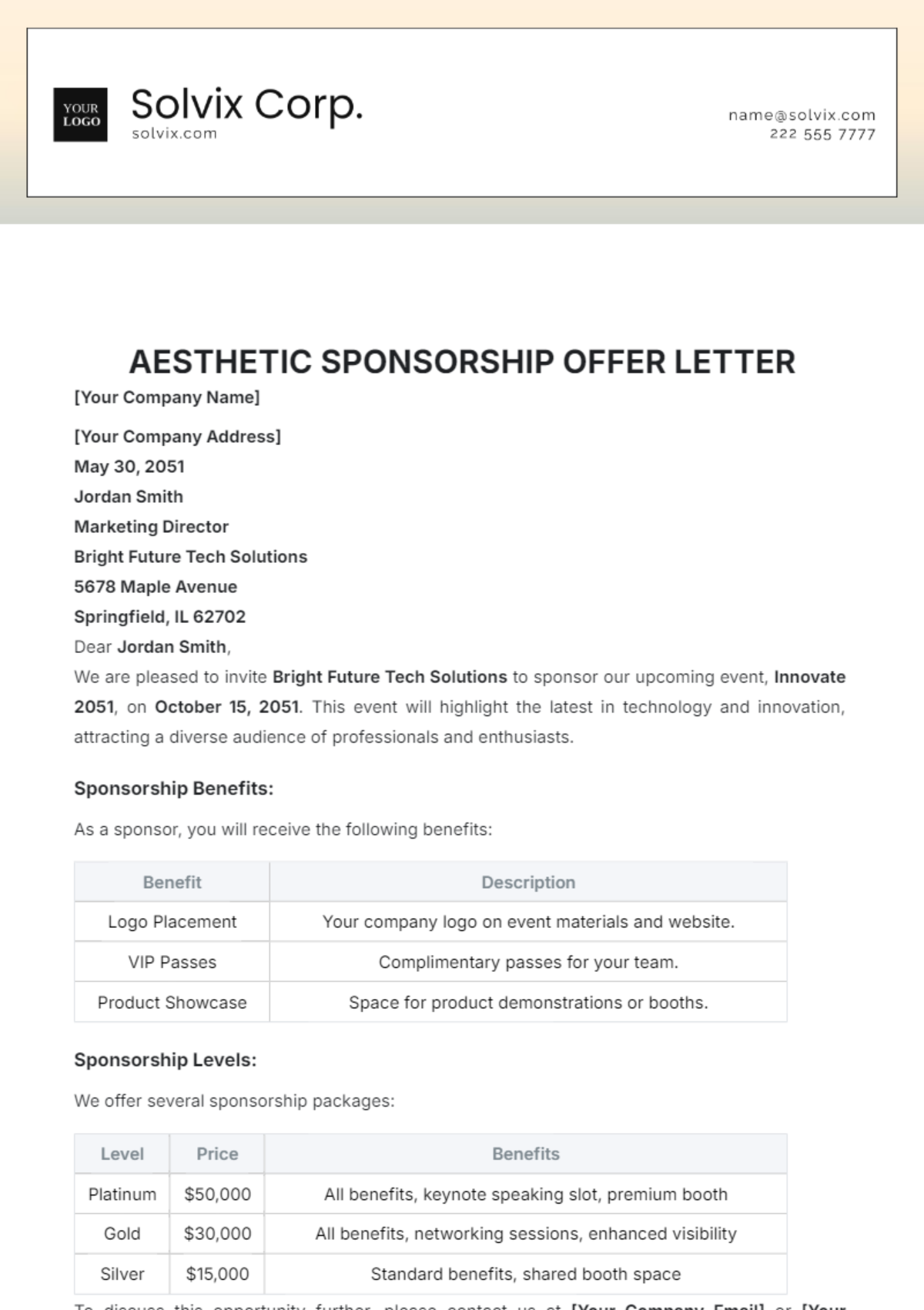 Aesthetic Sponsorship Offer Letter Template