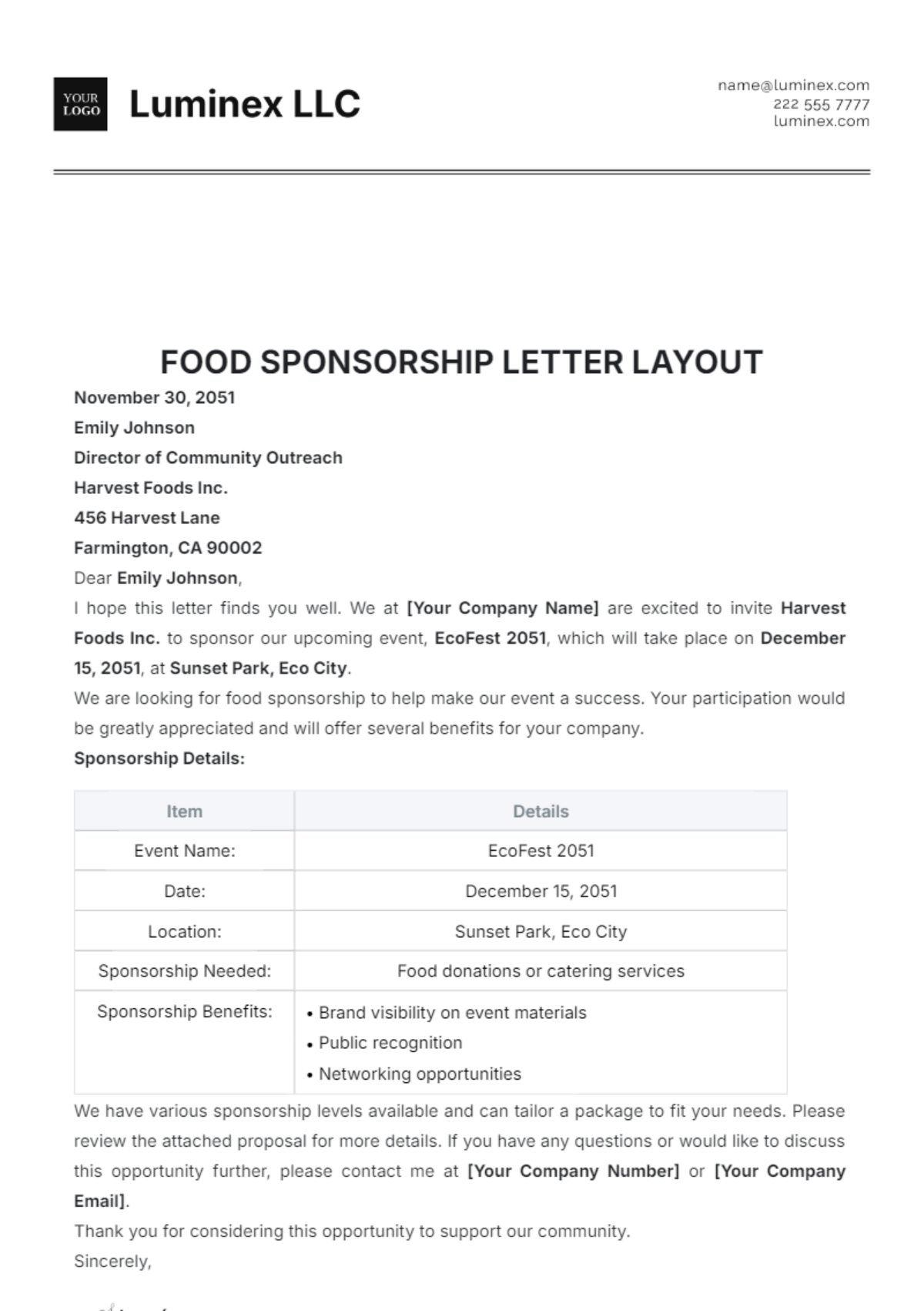 Food Sponsorship Letter Layout Template