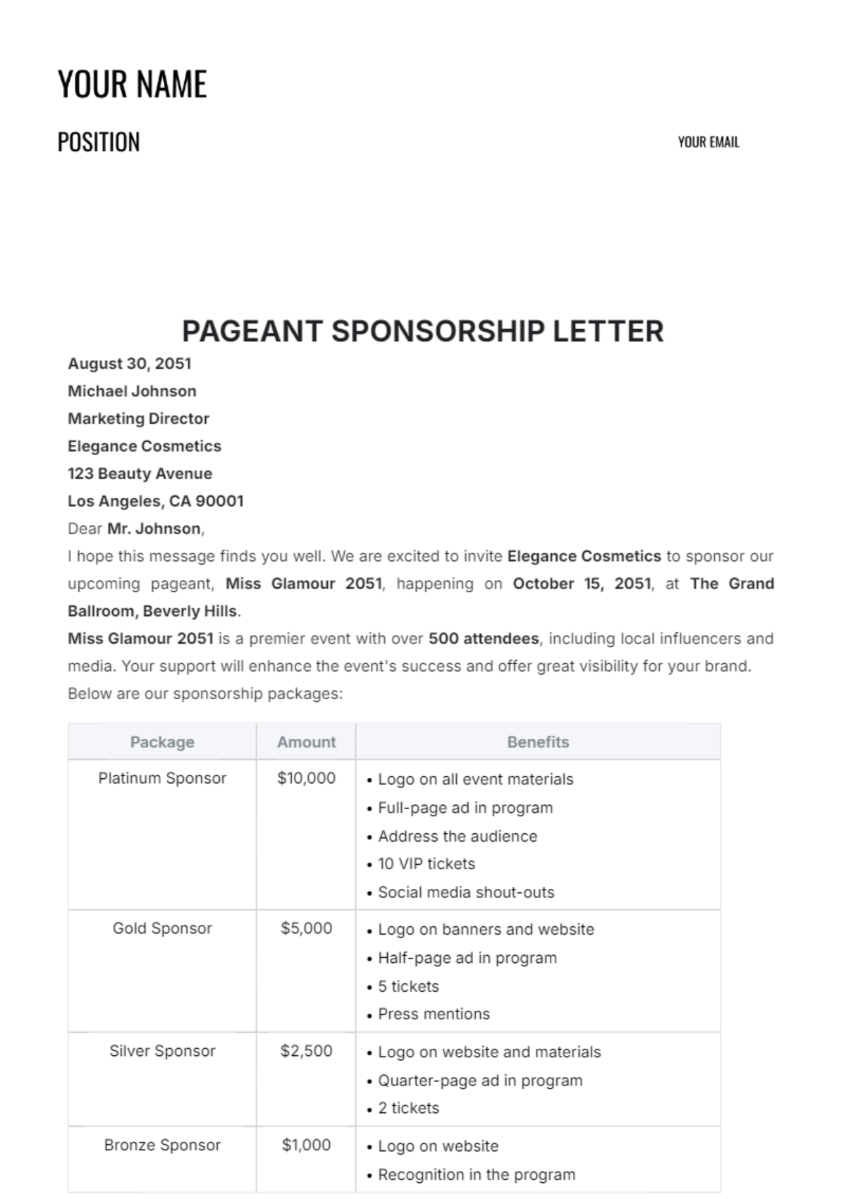 Pageant Sponsorship Letter Template