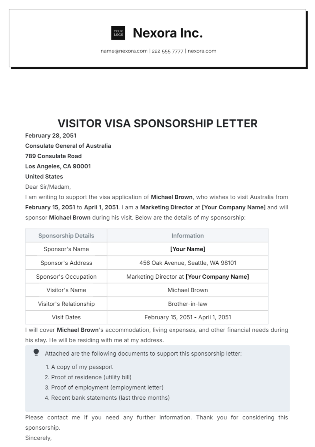 Visitor Visa Sponsorship Letter Template