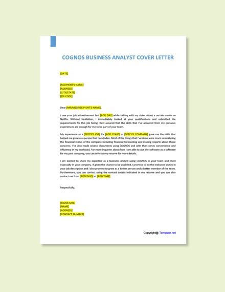 Cognos Business Analyst Cover Letter