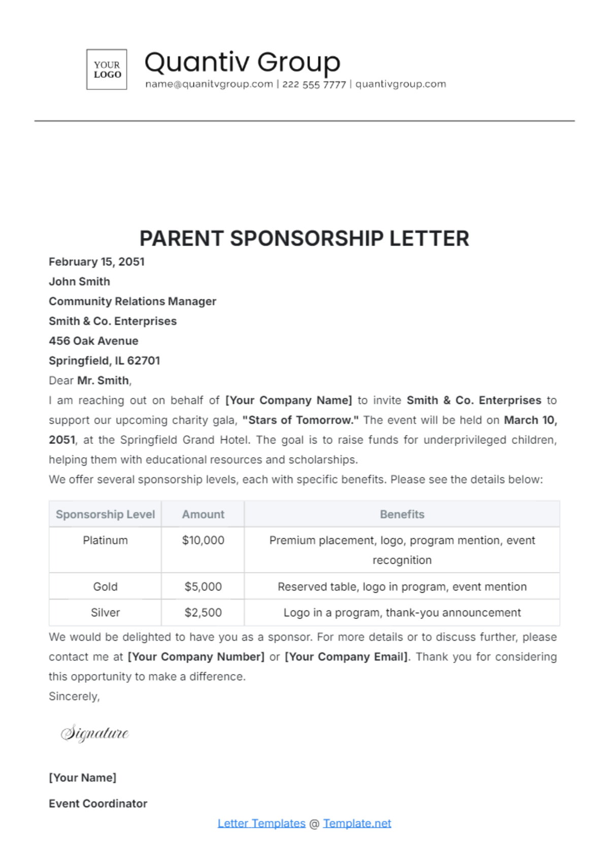 Parent Sponsorship Letter Template