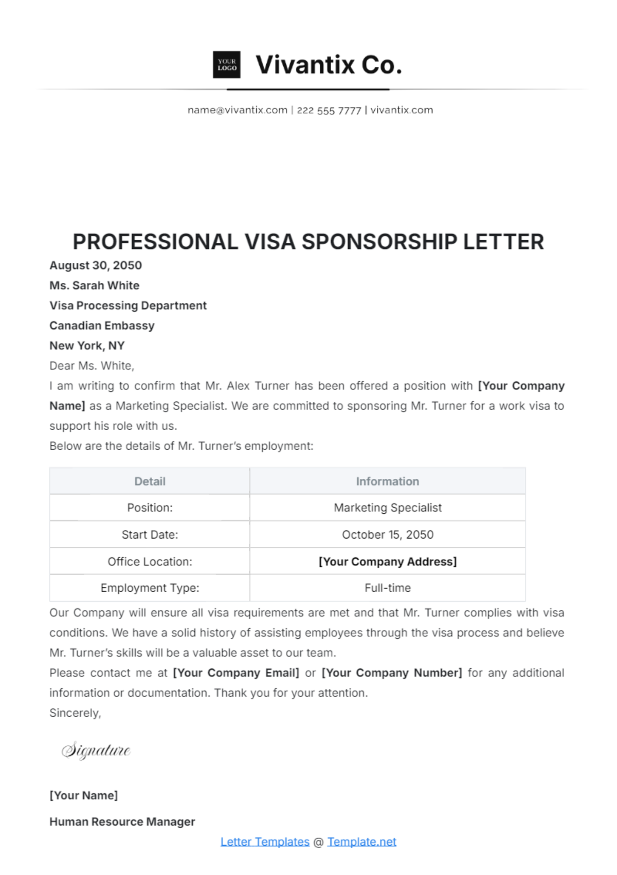 Professional Visa Sponsorship Letter Template