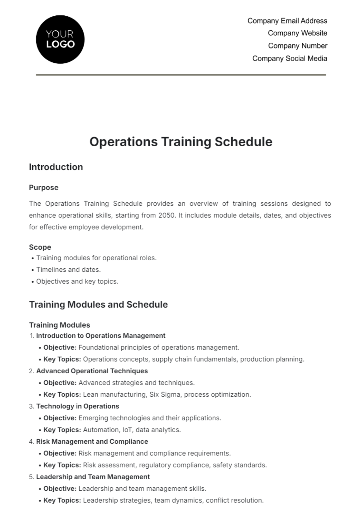 Operations Training Schedule Template